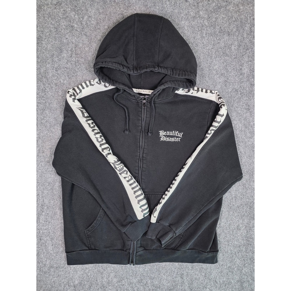 Beautiful Disaster Zip Hoodie Womens 2XL Black Gothic Logo Tape BD-Track Hoodie - Picture 2 of 13